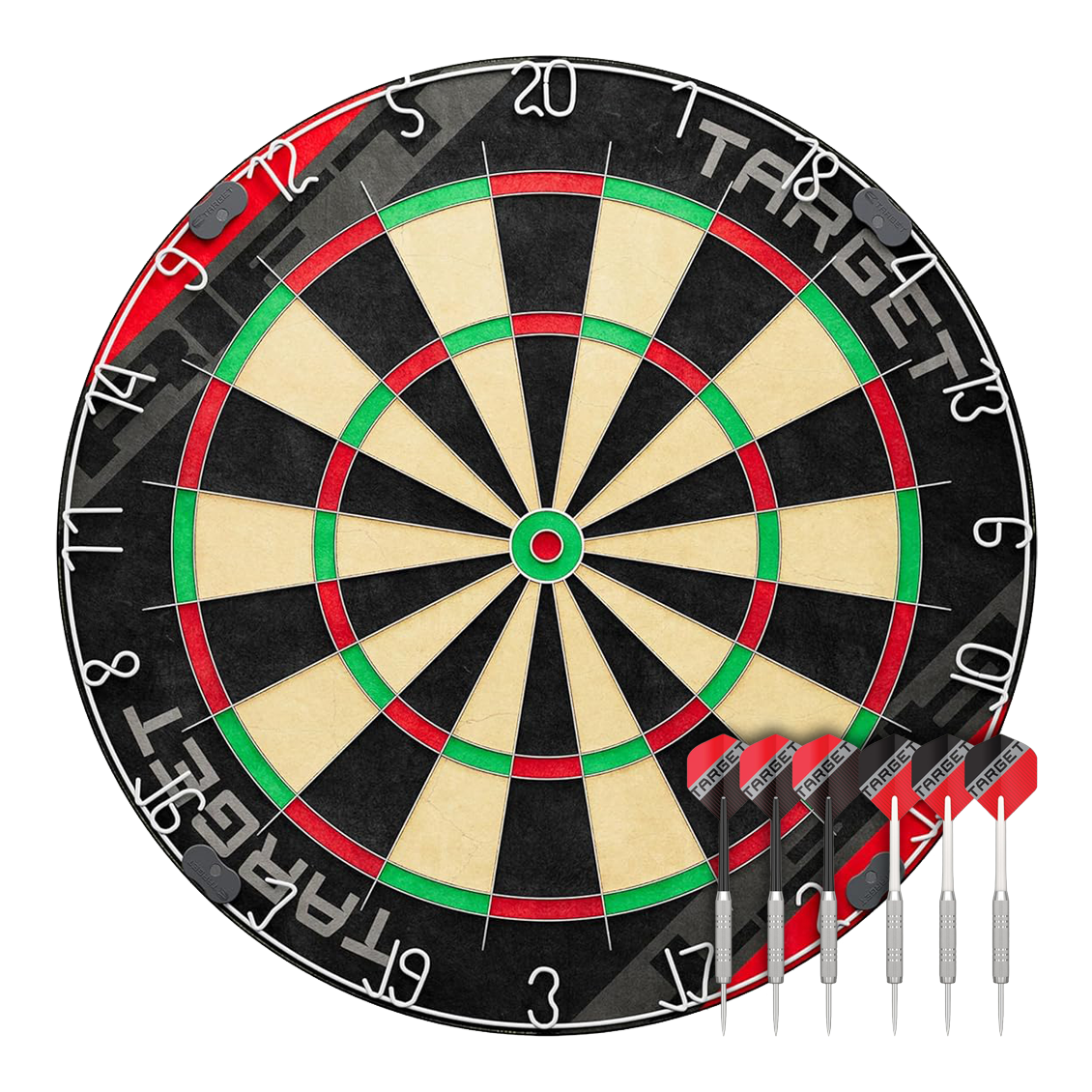 Hier sieht man das Target Rift Steeldartboard Set. Das Produkt bietet eine stabile Dartscheibe für präzises Spiel.